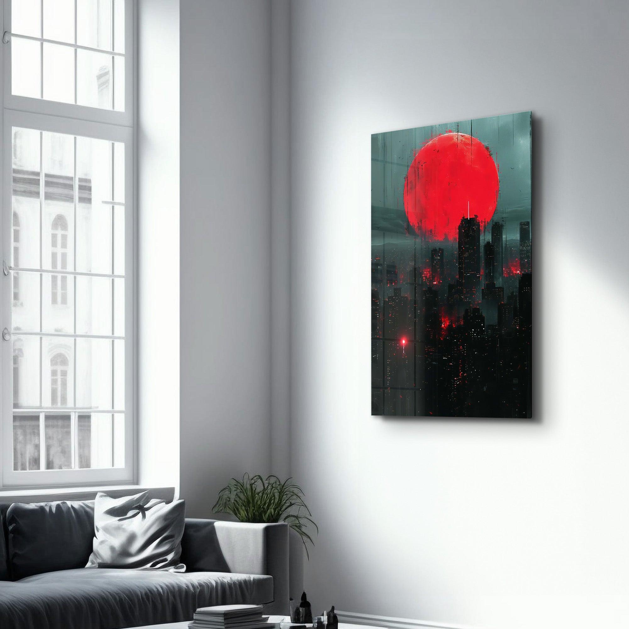 Red Moon over the City - Designers Collection Glass Wall Art - Artdesigna