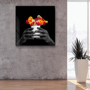 ."Holding the Flower - Black". Contemporary Collection Glass Wall Art - ArtDesigna Glass Printing Wall Art