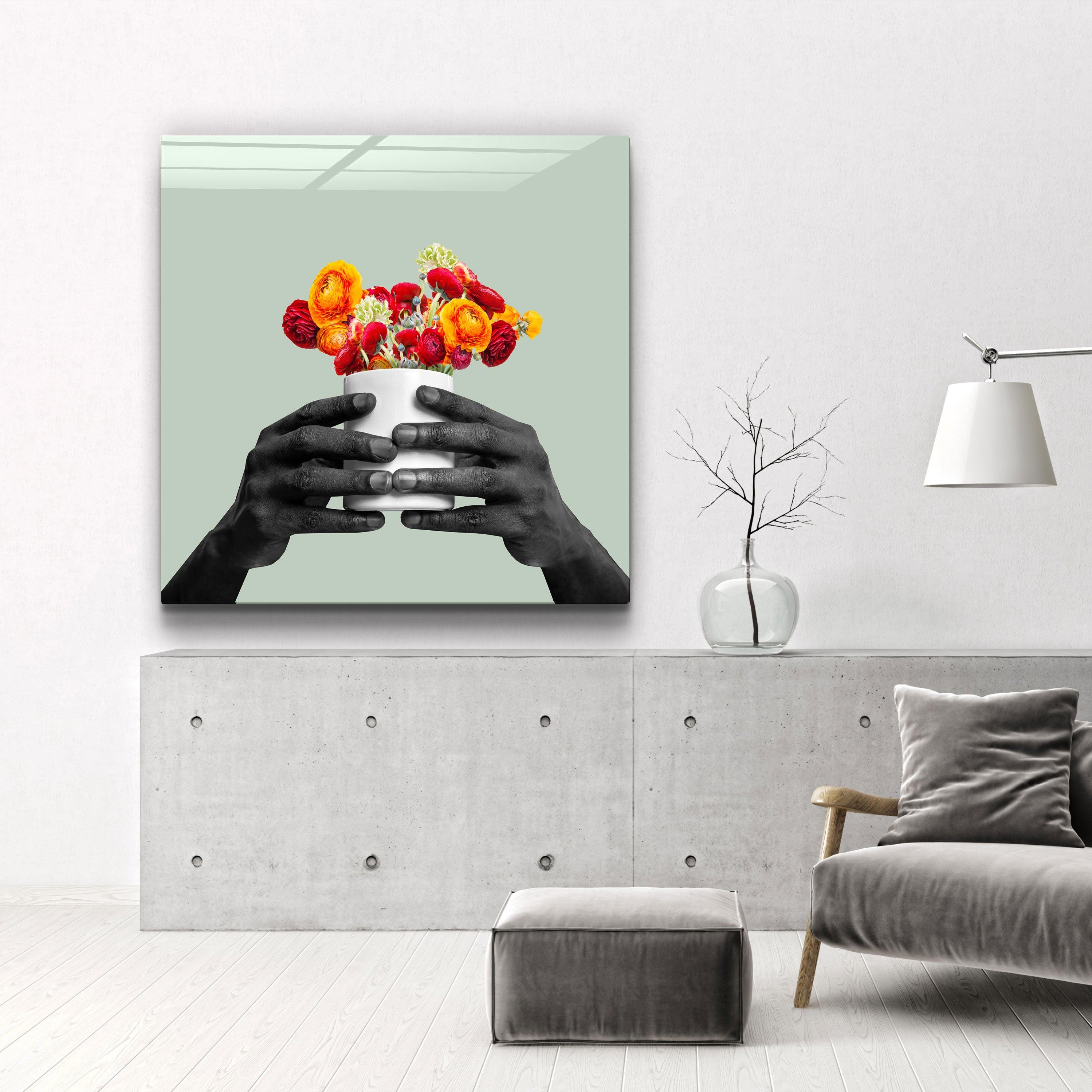 ."Holding the Flower - Gray". Contemporary Collection Glass Wall Art - ArtDesigna Glass Printing Wall Art