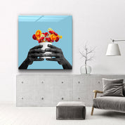 ."Holding the Flower - Blue". Contemporary Collection Glass Wall Art - ArtDesigna Glass Printing Wall Art