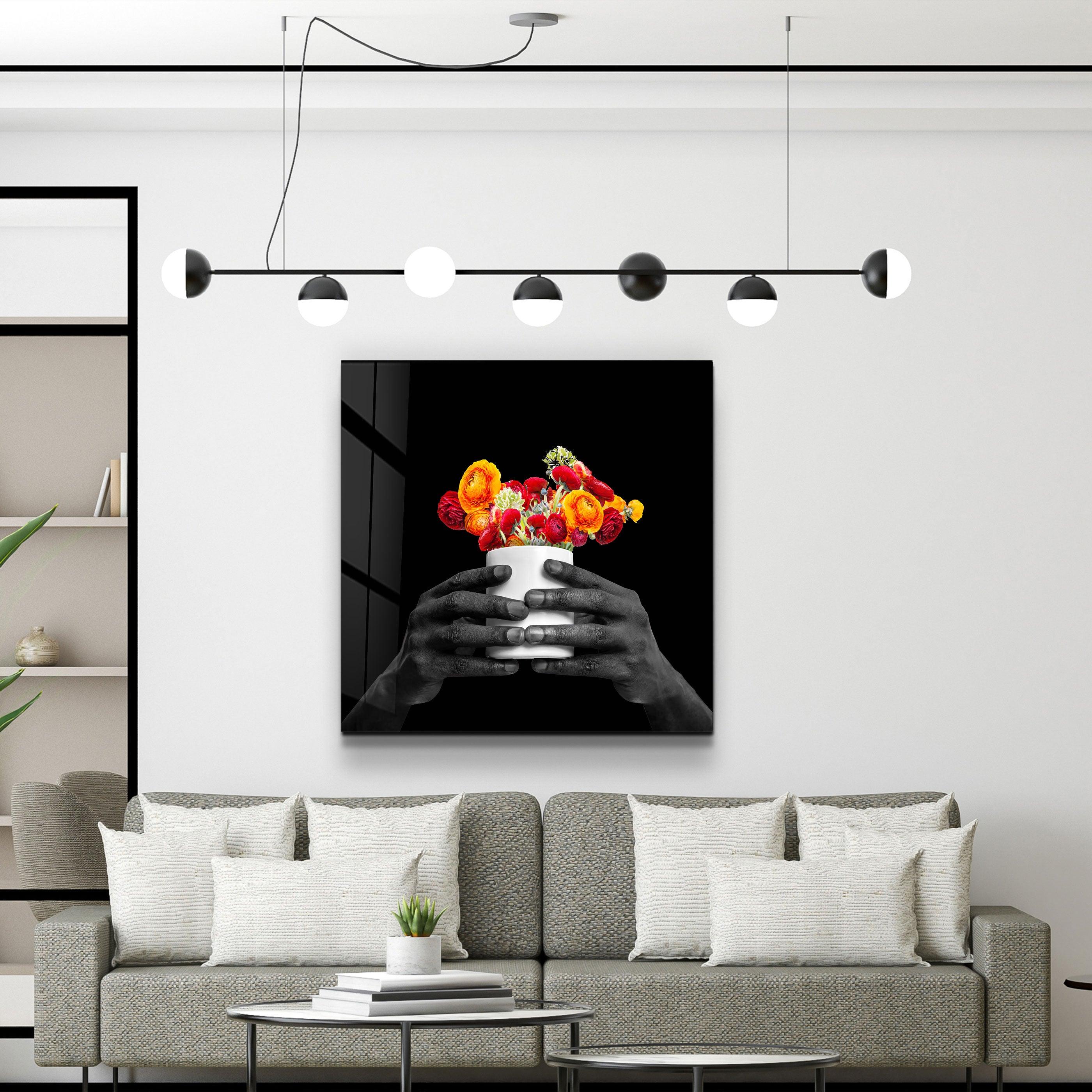 ."Holding the Flower - Black". Contemporary Collection Glass Wall Art - ArtDesigna Glass Printing Wall Art