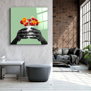 ."Holding the Flower - Green". Contemporary Collection Glass Wall Art - ArtDesigna Glass Printing Wall Art