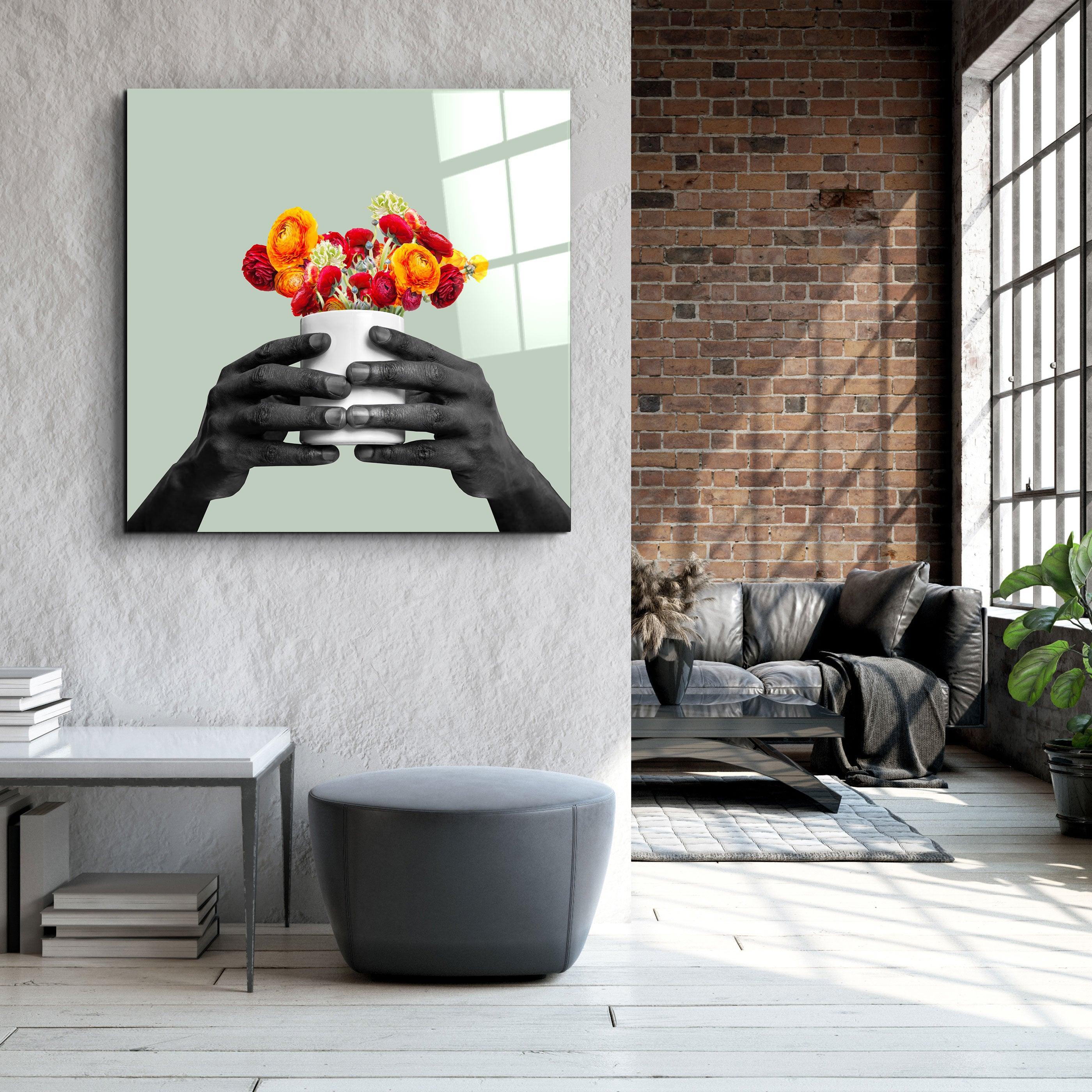 ."Holding the Flower - Gray". Contemporary Collection Glass Wall Art - ArtDesigna Glass Printing Wall Art