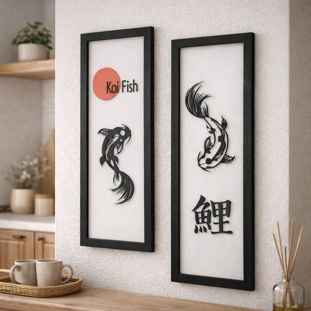 Koi fish wooden wall art set by Artdesigna featuring two intricately carved koi fish in natural wood finish.
