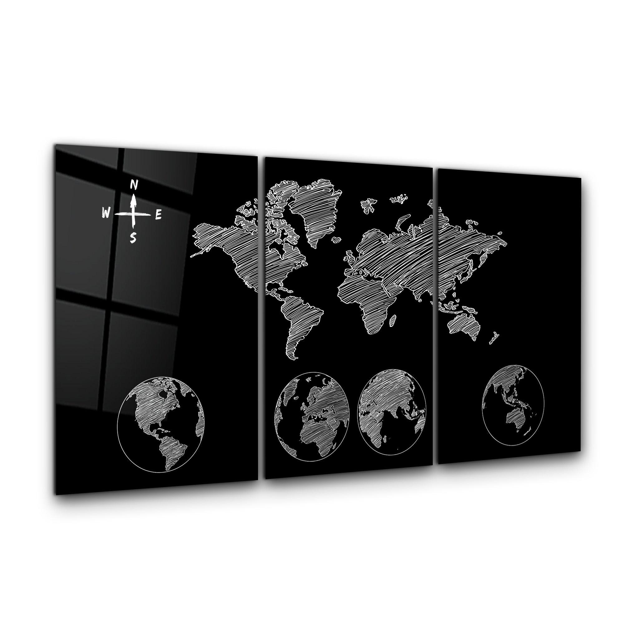 ・"World Map Black - Trio"・Glass Wall Art - ArtDesigna Glass Printing Wall Art