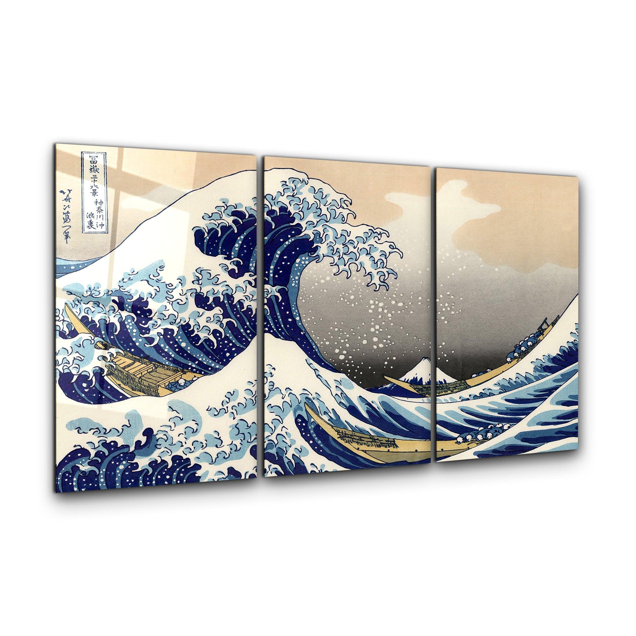 ・"THE GREAT WAVE OFF KANAGAWA (1829) BY HOKUSAI- Trio"・Glass Wall Art - ArtDesigna Glass Printing Wall Art