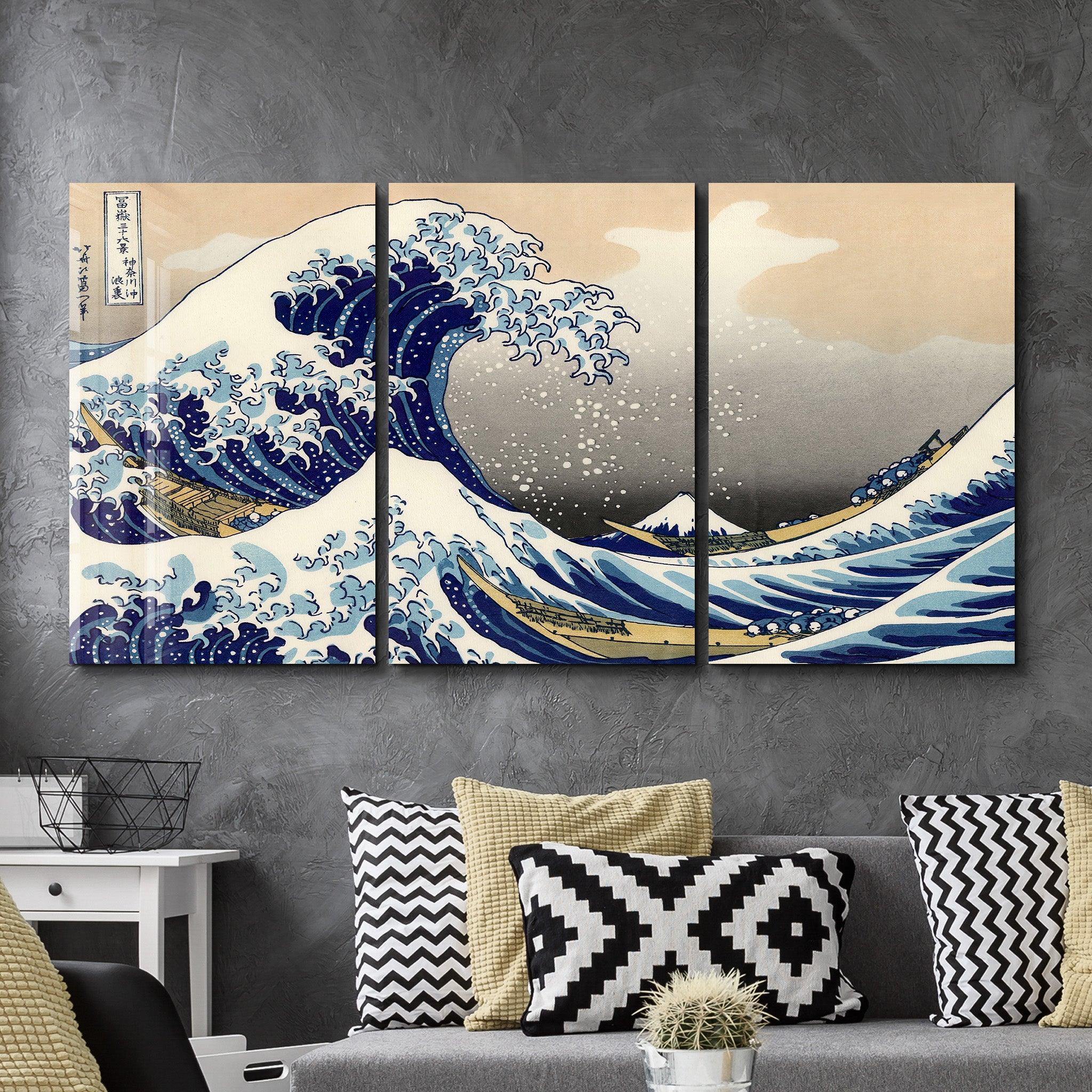 ・"THE GREAT WAVE OFF KANAGAWA (1829) BY HOKUSAI- Trio"・Glass Wall Art - ArtDesigna Glass Printing Wall Art