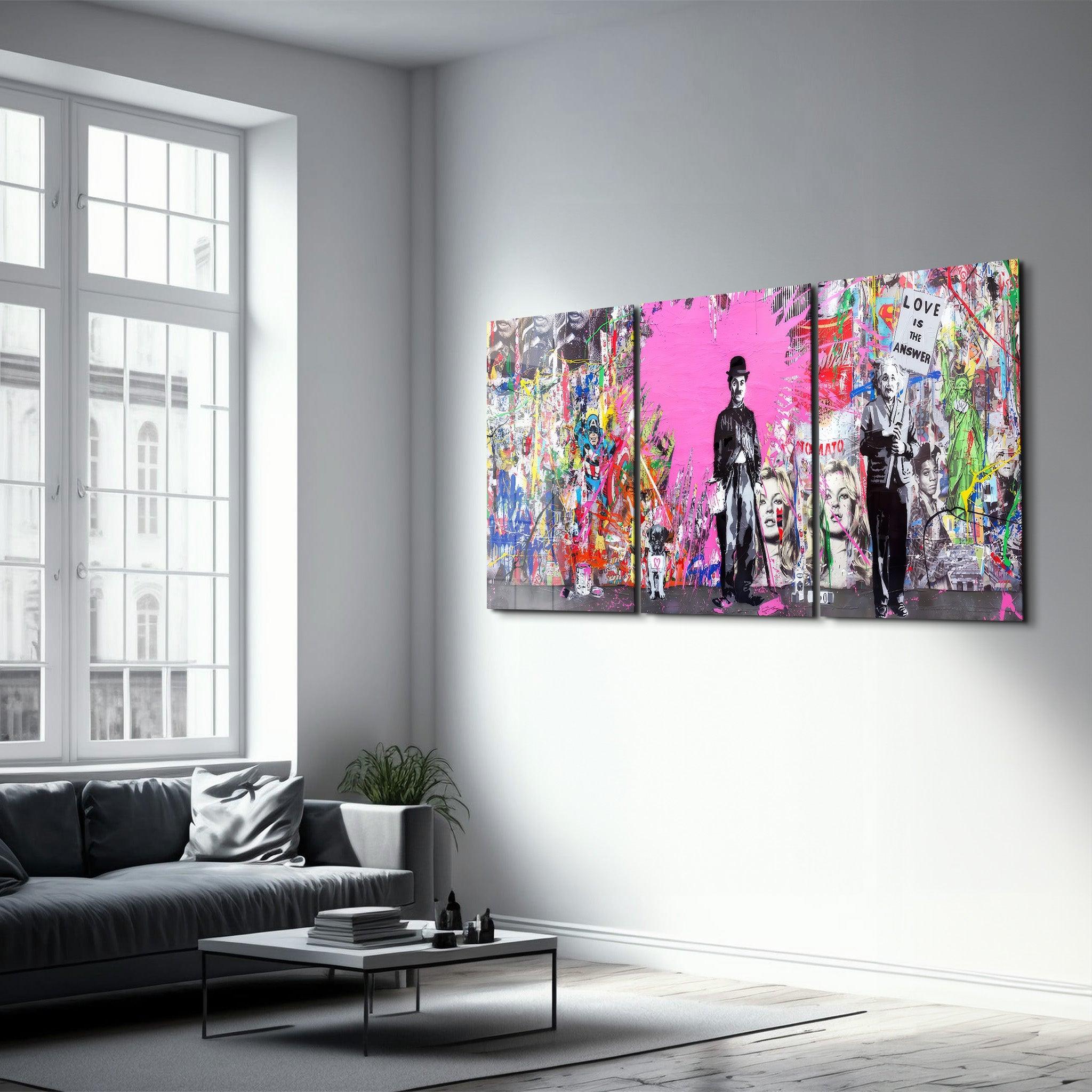 ・" BANKSY Pink Love - Trio"・Glass Wall Art - ArtDesigna Glass Printing Wall Art