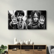 Glass wall art titled Voices of Peace – Protest Portrait Collection by Artdesigna featuring a colorful protest scene on clear glass.