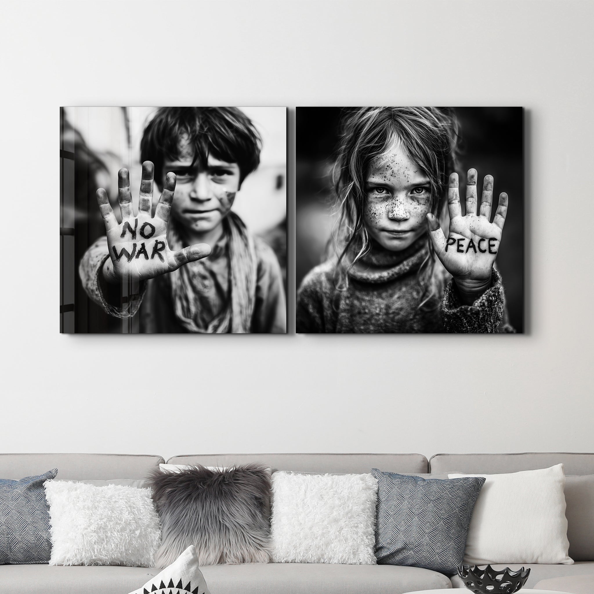 Glass wall art titled "Voices of Peace" protest portrait collection by Artdesigna, featuring vibrant glass artwork of diverse protest scenes.