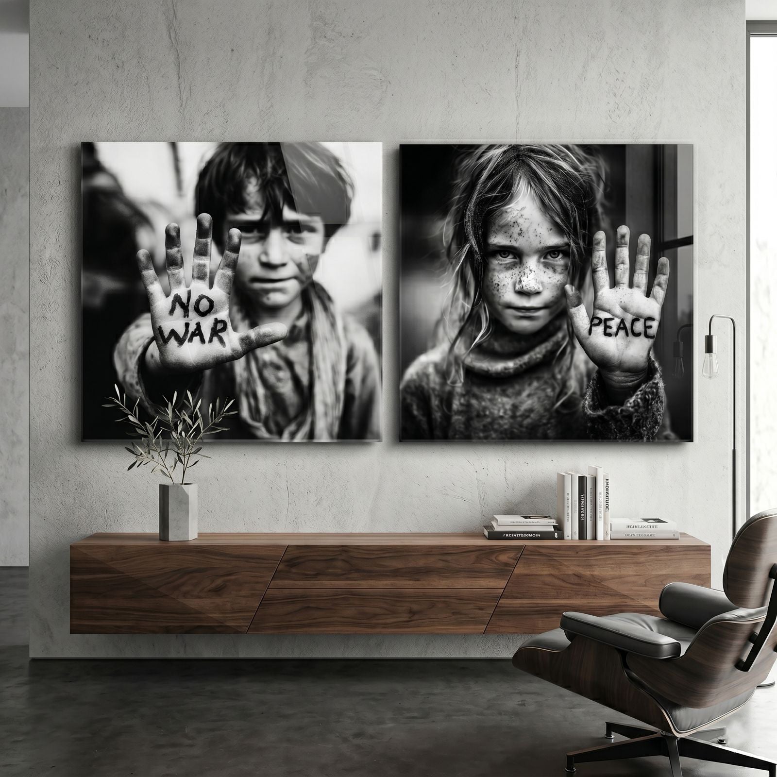 Glass wall art titled Voices of Peace protest portrait collection by Artdesigna, featuring a powerful black and white protest image.