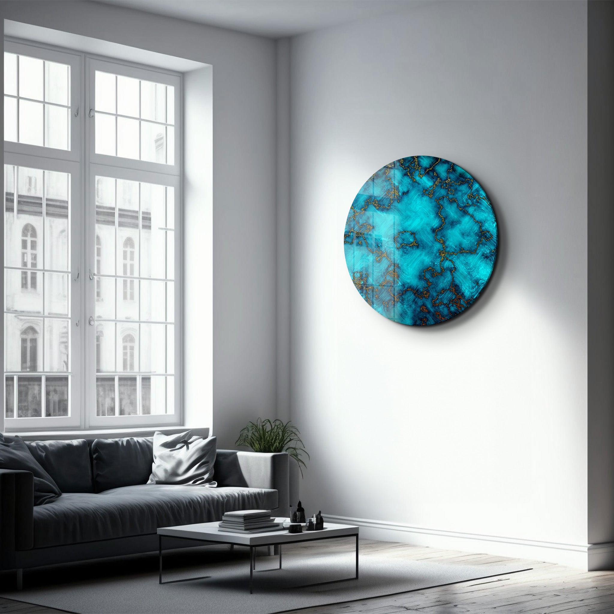 ・"Gold on Blue Abstract"・Rounded Glass Wall Art - ArtDesigna Glass Printing Wall Art