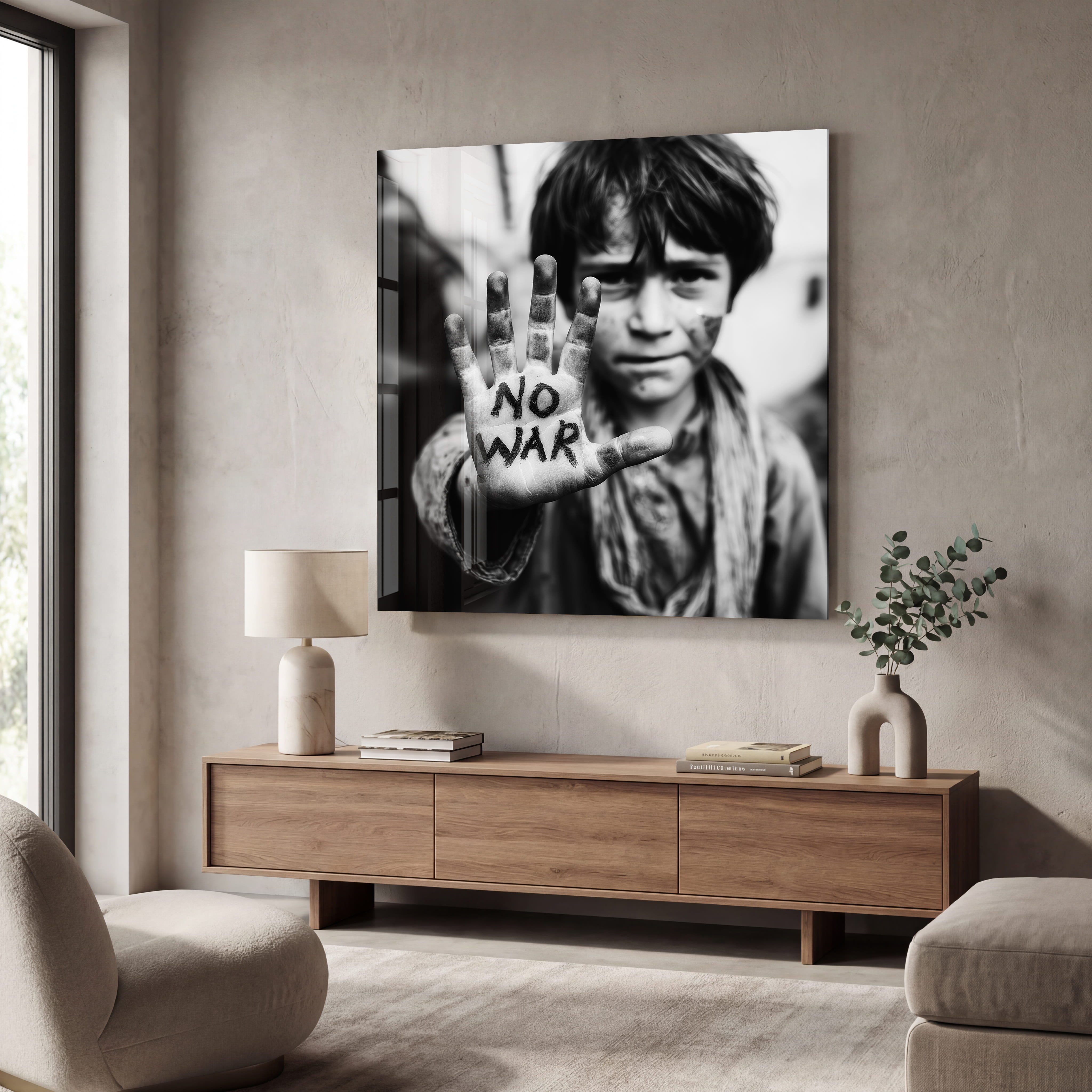 Glass wall art titled Voices of Peace – Protest Portrait Collection by Artdesigna featuring vibrant protest portrait images on clear glass.