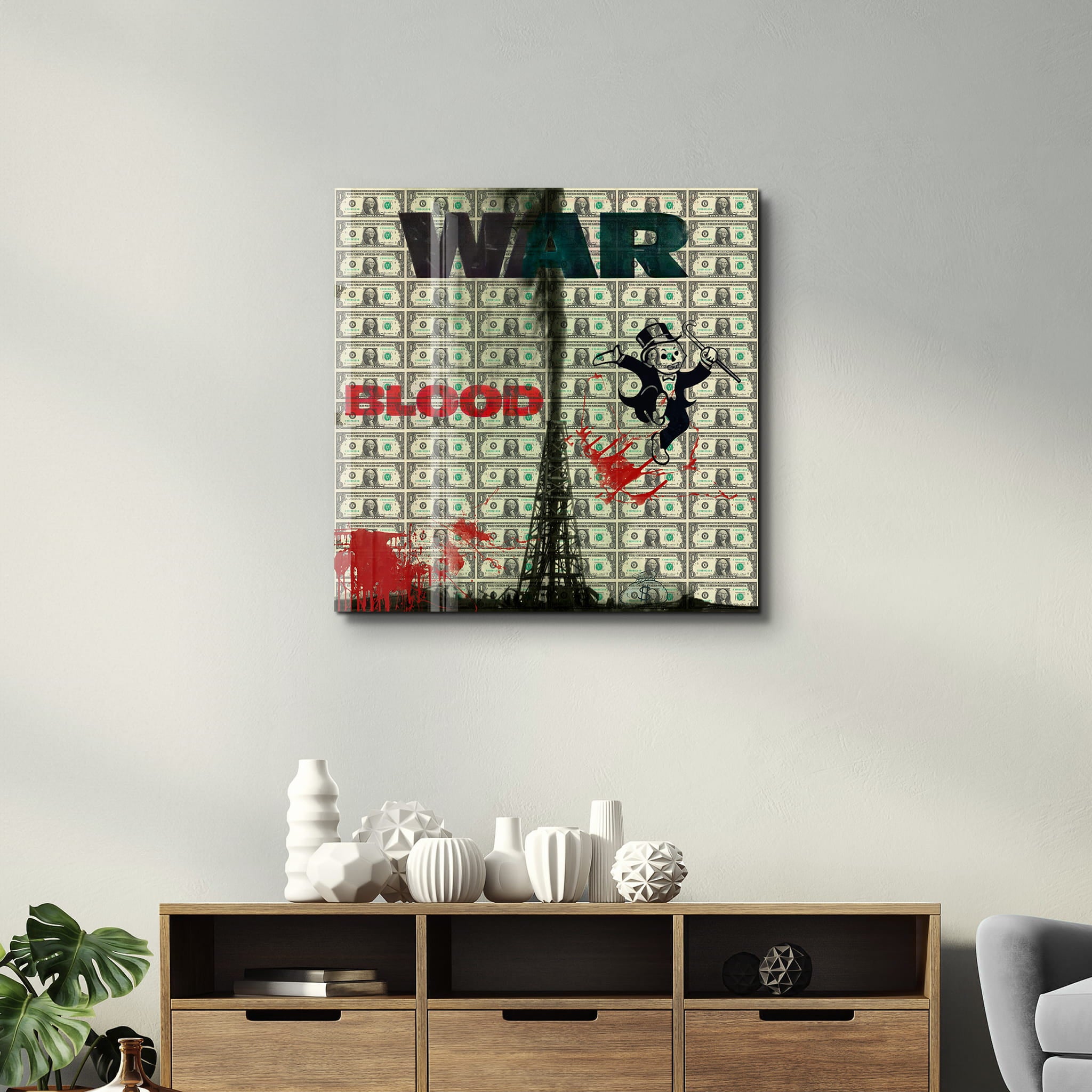 War & Money by Mr. Pablo Costa | Glass Wall Art