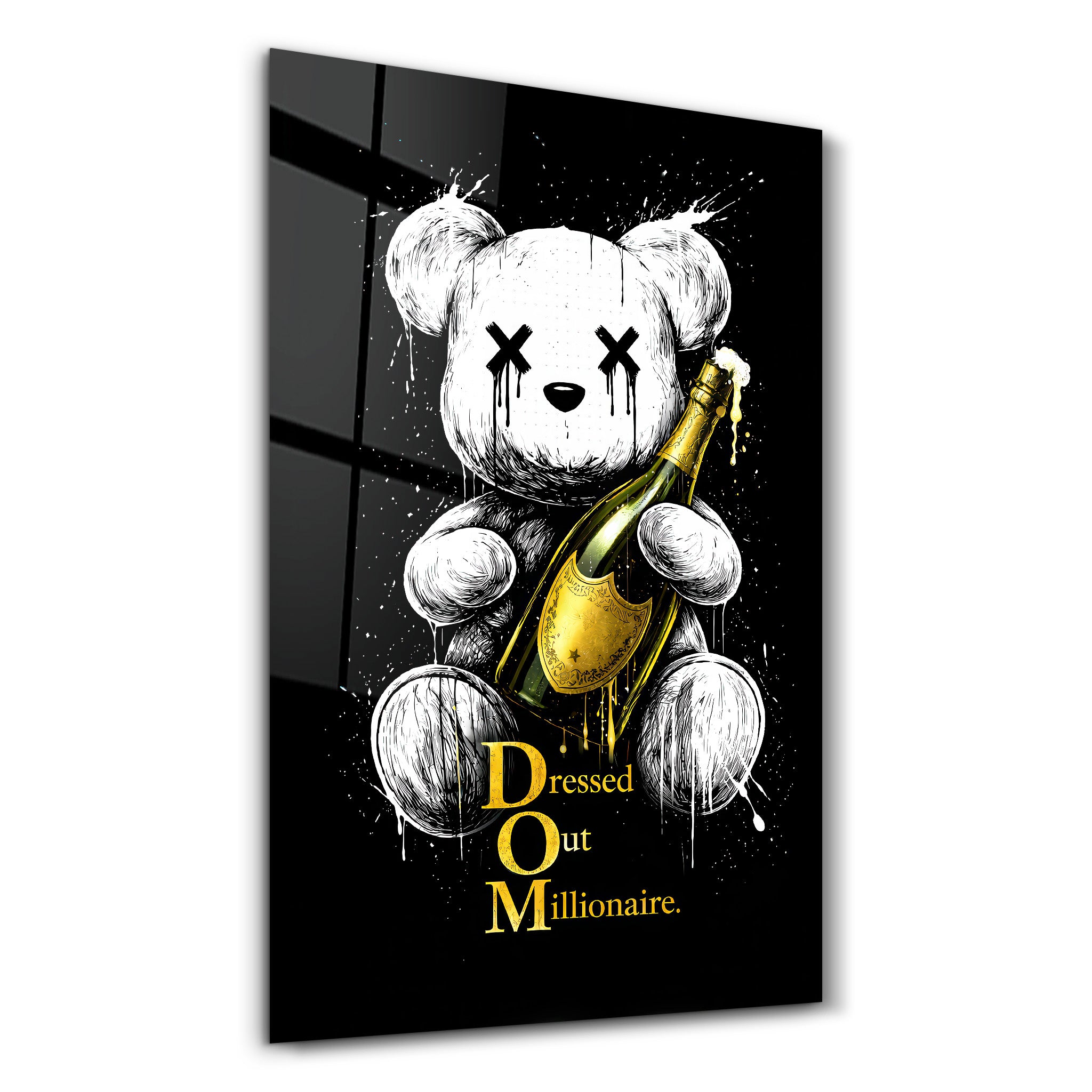 Dressed Out Millionaire x Sugar Teddy glass wall art by Artdesigna, featuring vibrant colorful design on clear glass panel.