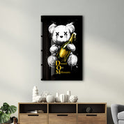 Glass wall art featuring Dressed Out Millionaire x Sugar Teddy design by Artdesigna, with vibrant colors and a sleek glass finish.