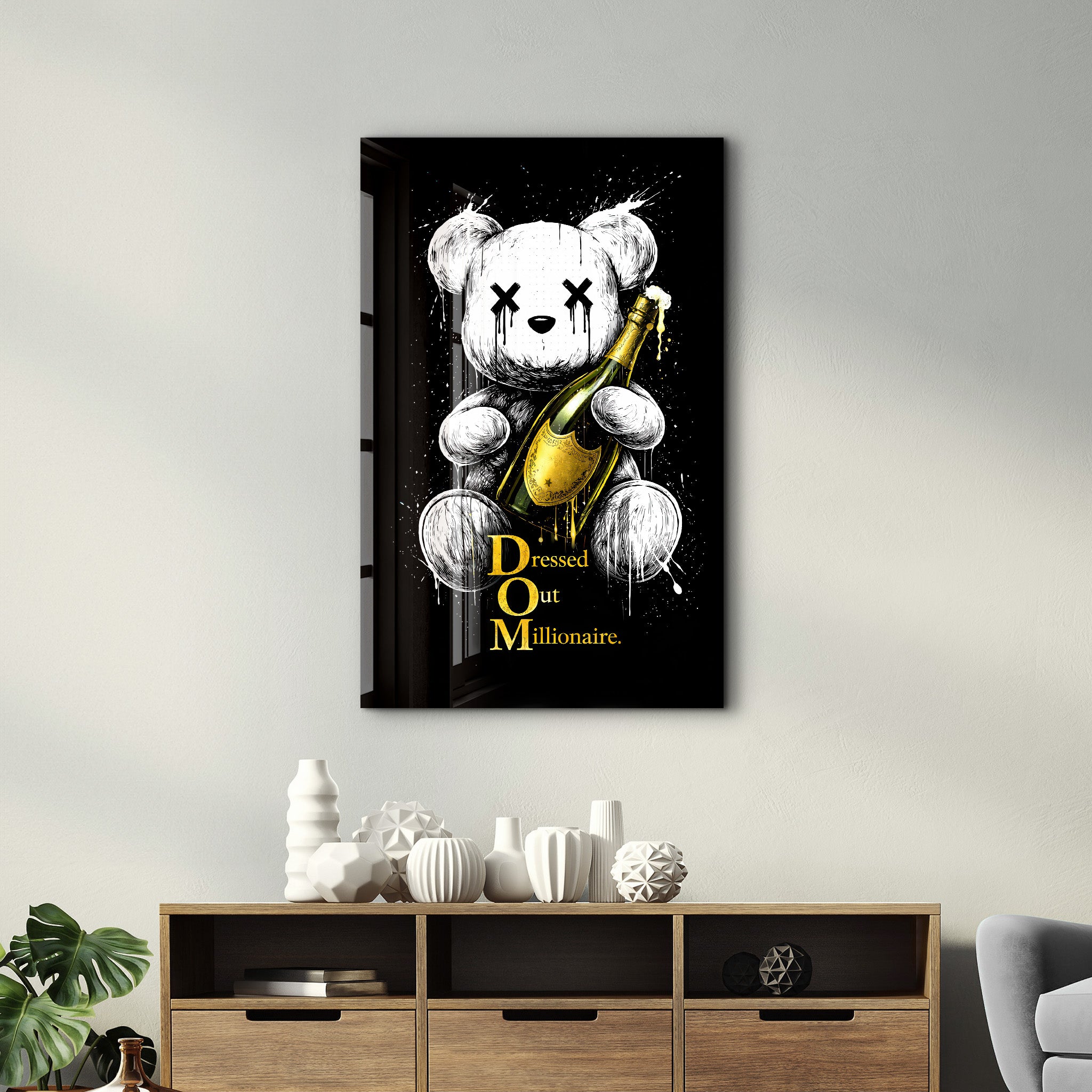 Glass wall art featuring Dressed Out Millionaire x Sugar Teddy design by Artdesigna, with vibrant colors and a sleek glass finish.