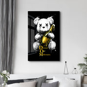 Glass wall art featuring Dressed Out Millionaire x Sugar Teddy design by Artdesigna, with vibrant, colorful glass artwork on display.