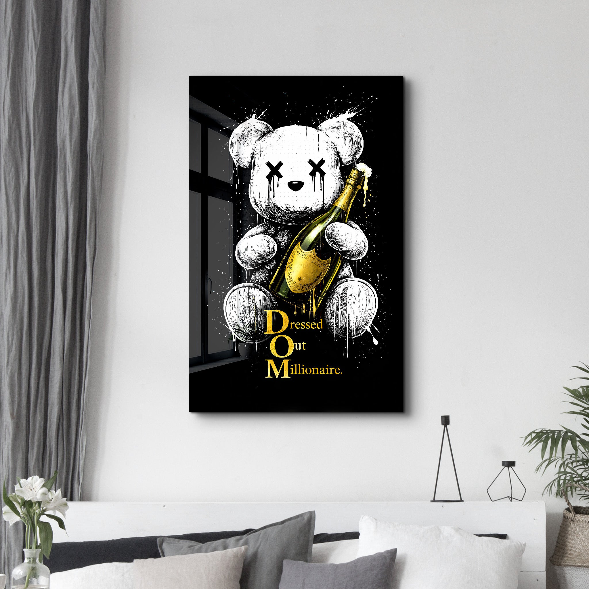 Glass wall art featuring Dressed Out Millionaire x Sugar Teddy design by Artdesigna, with vibrant, colorful glass artwork on display.