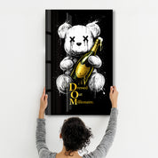 Dressed Out Millionaire x Sugar Teddy glass wall art by Artdesigna, featuring vibrant, colorful glass artwork on a clear surface.