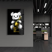 Glass wall art titled Dressed Out Millionaire x Sugar Teddy by Artdesigna featuring vibrant glass artwork with bold colors and intricate design.