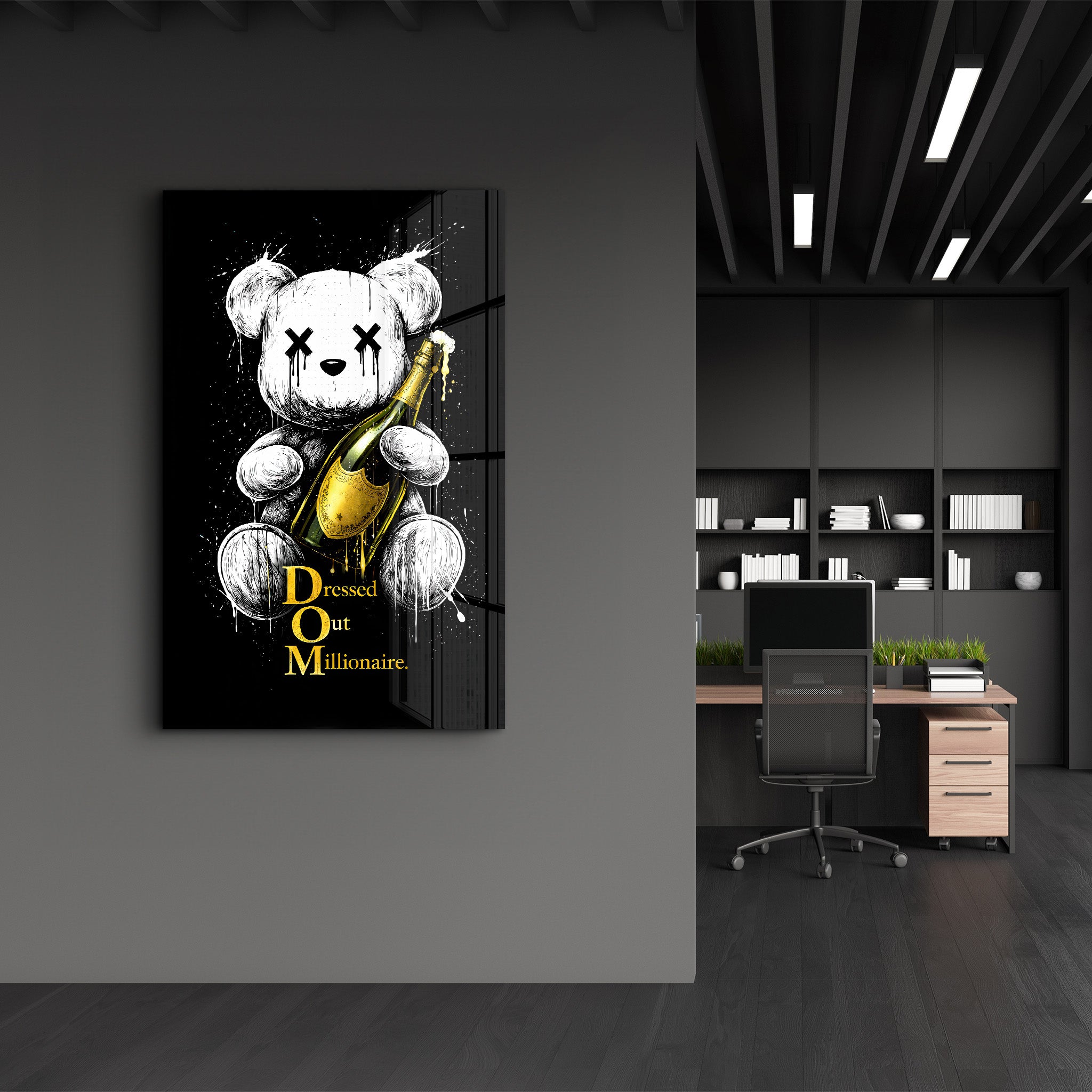 Glass wall art titled Dressed Out Millionaire x Sugar Teddy by Artdesigna featuring vibrant glass artwork with bold colors and intricate design.