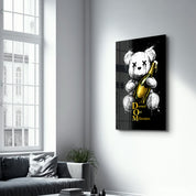 Glass wall art featuring the Dressed Out Millionaire x Sugar Teddy design by Artdesigna, with vibrant colors and detailed glass craftsmanship.