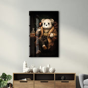 Glass wall art featuring The Boss x Sugar Teddy design by Artdesigna, with vibrant colors and artistic detailing.