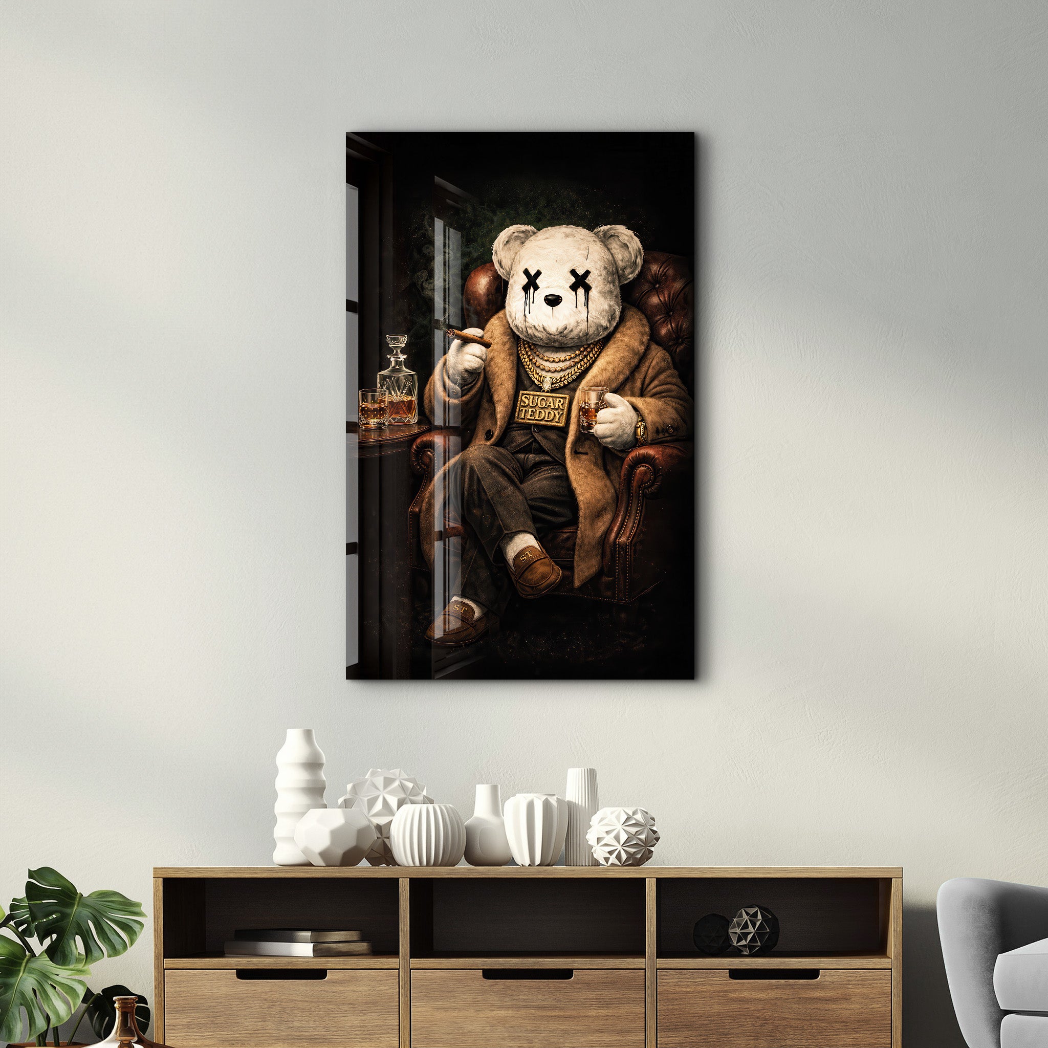 Glass wall art featuring The Boss x Sugar Teddy design by Artdesigna, with vibrant colors and artistic detailing.