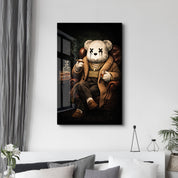 Glass wall art featuring The Boss x Sugar Teddy design by Artdesigna, with vibrant, colorful glass artwork on a clear background.
