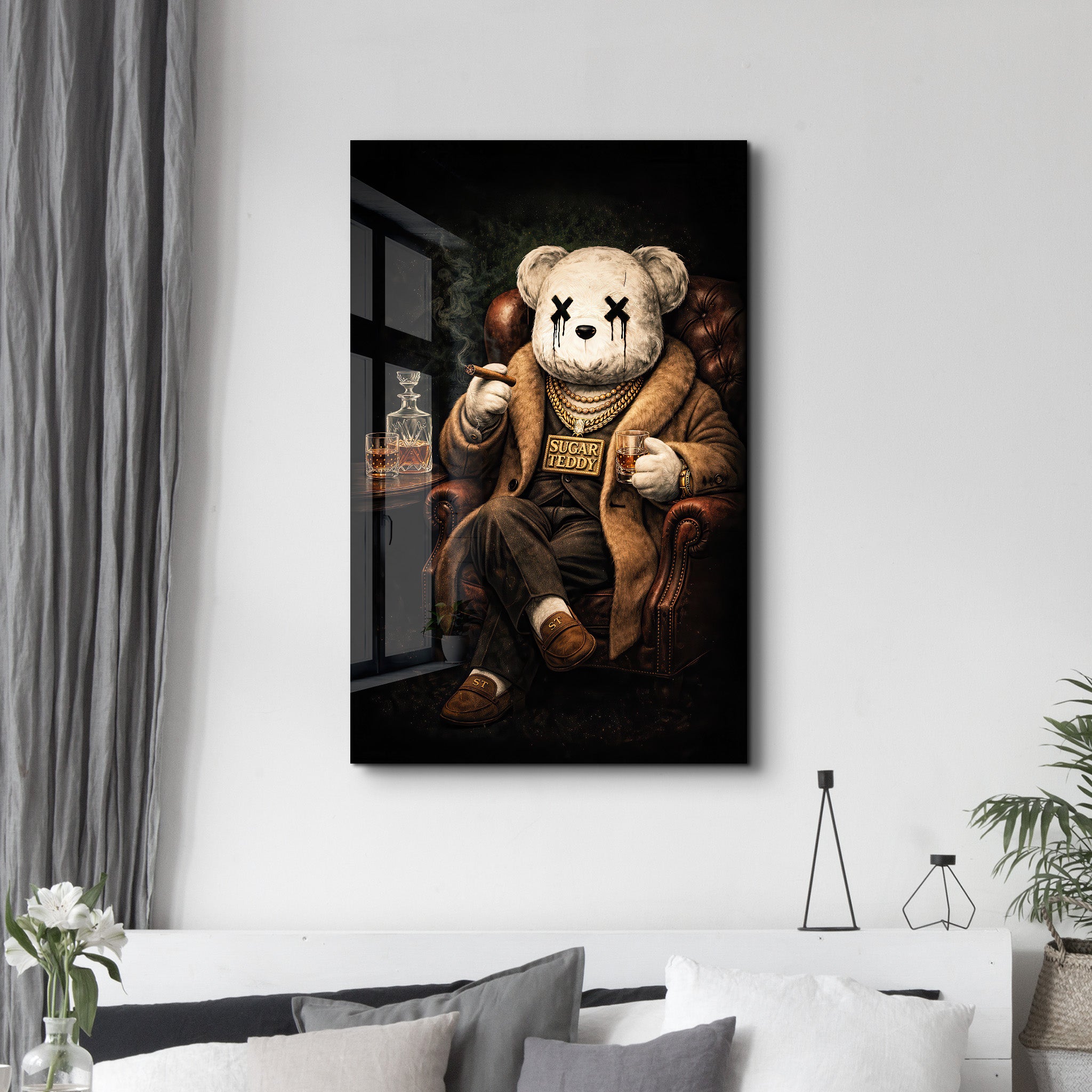 Glass wall art featuring The Boss x Sugar Teddy design by Artdesigna, with vibrant, colorful glass artwork on a clear background.