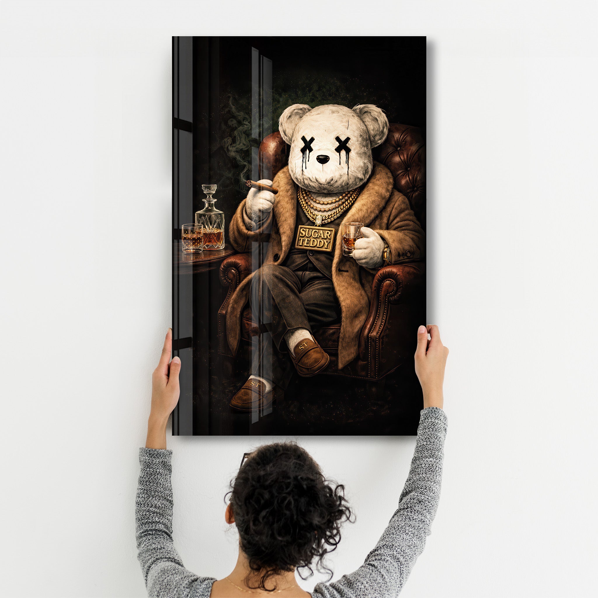Glass wall art featuring The Boss x Sugar Teddy design by Artdesigna, with vibrant colors and intricate glass details.