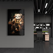 Glass wall art featuring The Boss x Sugar Teddy design by Artdesigna, with vibrant colors and intricate glass details.