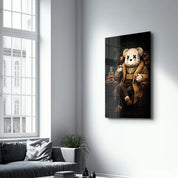 Glass wall art featuring The Boss x Sugar Teddy design by Artdesigna, with vibrant colors and artistic details.