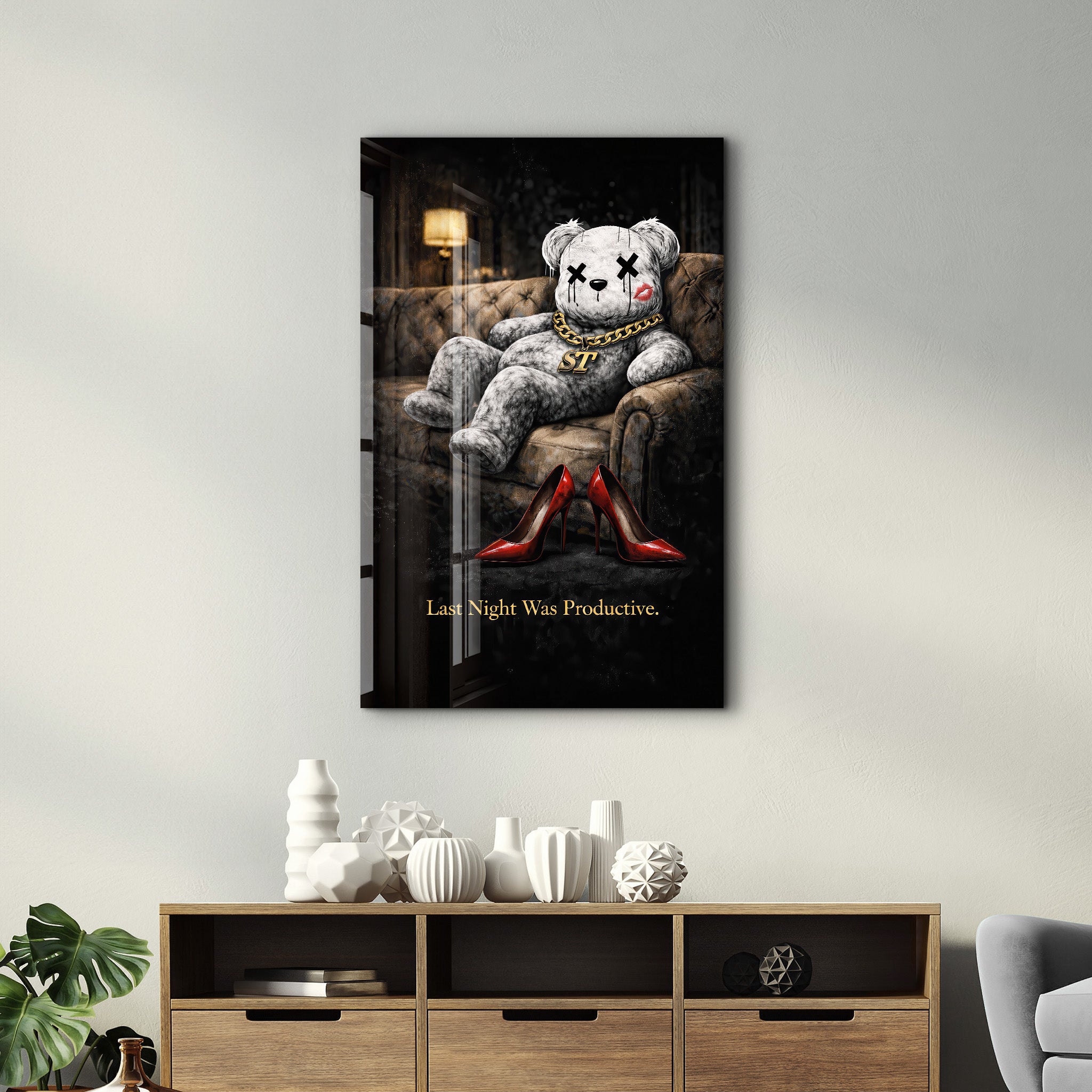 Last Night Was Productive x Sugar Teddy | Glass Wall Art