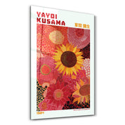 Glass wall art by Artdesigna featuring Yayoi Kusama's Sunflower Reverie (1984) with vibrant sunflower designs on clear glass.