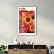 Glass wall art featuring Yayoi Kusama Sunflower Reverie with vibrant sunflower design by Artdesigna.