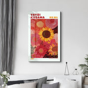 Glass wall art by Artdesigna featuring Yayoi Kusama's Sunflower Reverie from 1984, showcasing vibrant sunflower design on clear glass.
