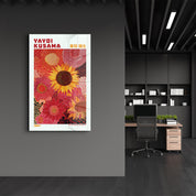 Glass wall art piece featuring Yayoi Kusama Sunflower Reverie (1984) with vibrant sunflower designs by Artdesigna.