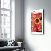 Yayoi Kusama Sunflower Reverie glass wall art by Artdesigna featuring vibrant sunflower design on clear glass panel.