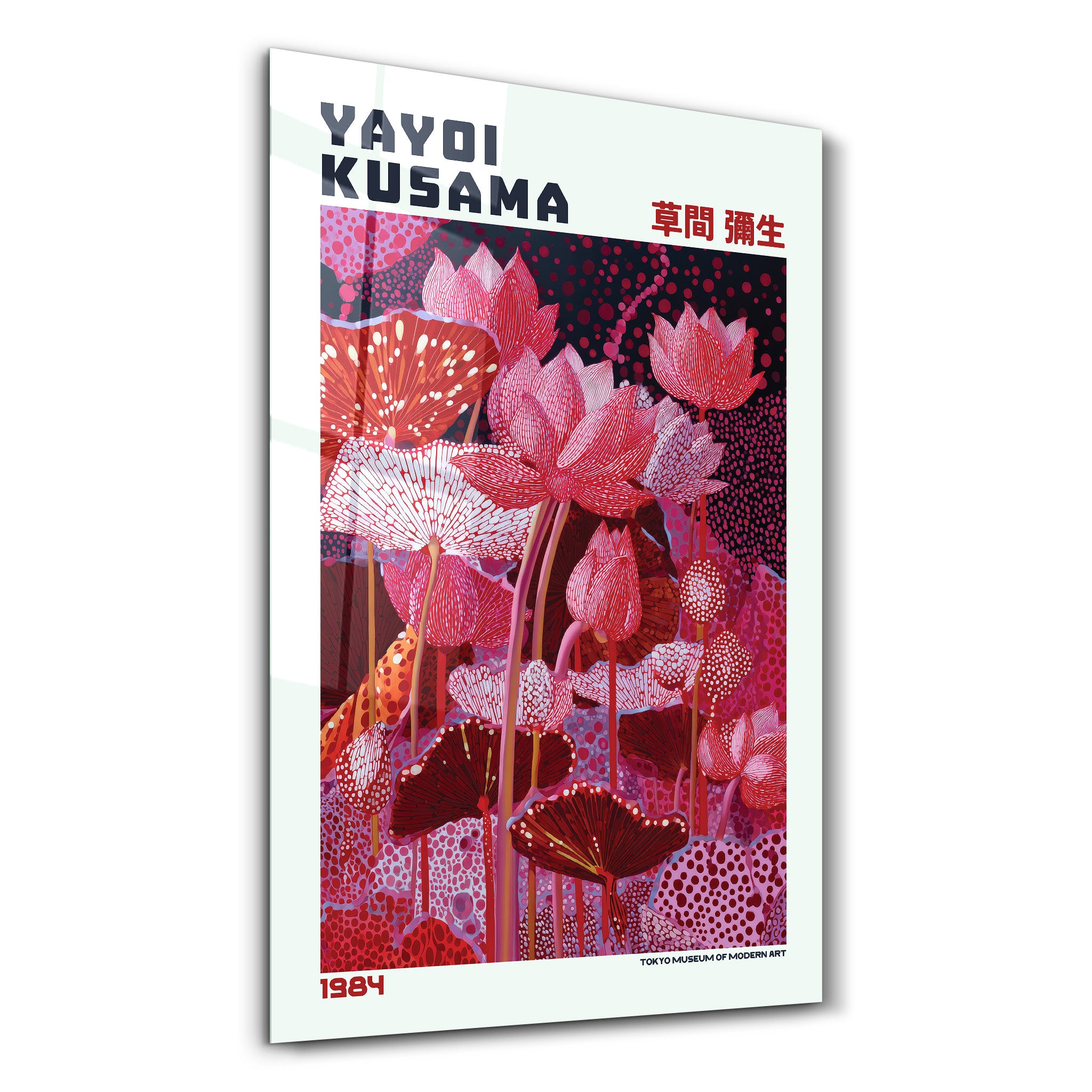 Crimson Garden glass wall art by Yayoi Kusama, featuring vibrant red patterns on clear glass, designed by Artdesigna.