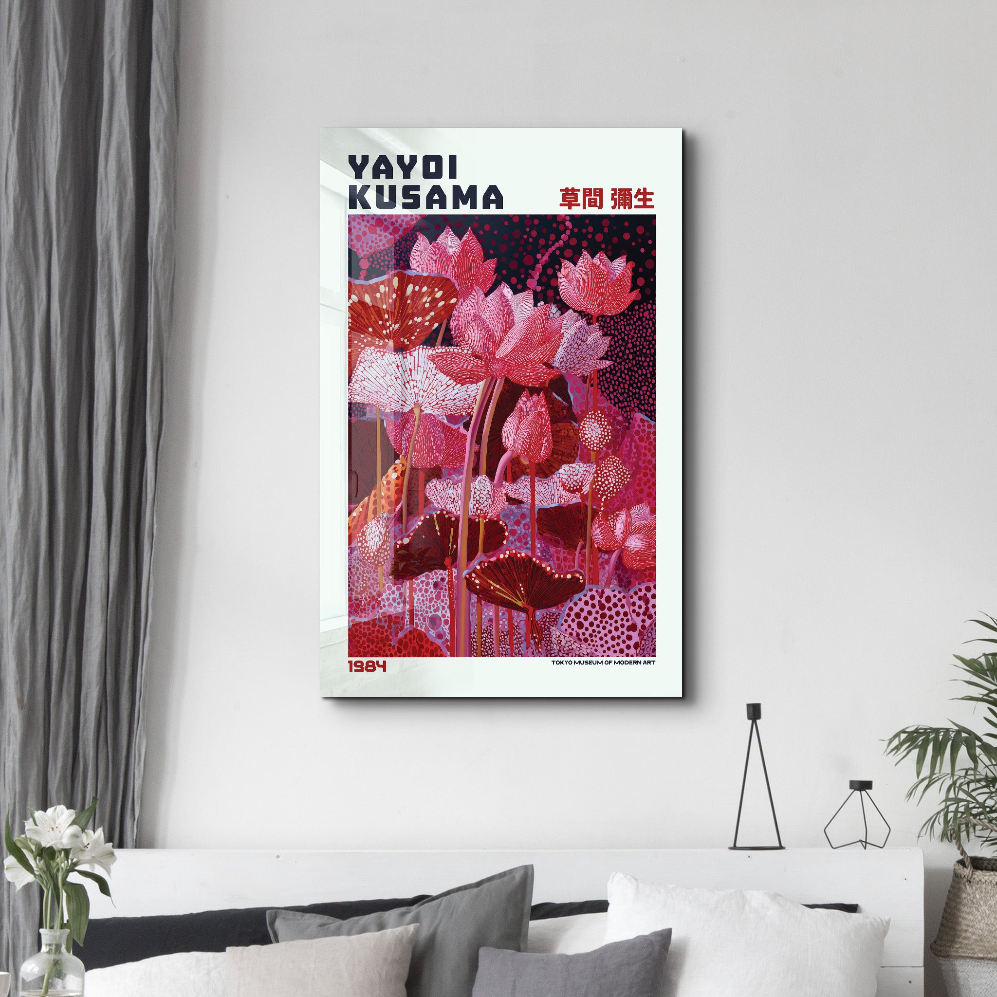Crimson Garden glass wall art by Yayoi Kusama, vibrant red and intricate design, displayed on a wall, created by Artdesigna.