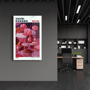 Yayoi Kusama Crimson Garden glass wall art by Artdesigna featuring vibrant red and intricate botanical designs on clear glass.