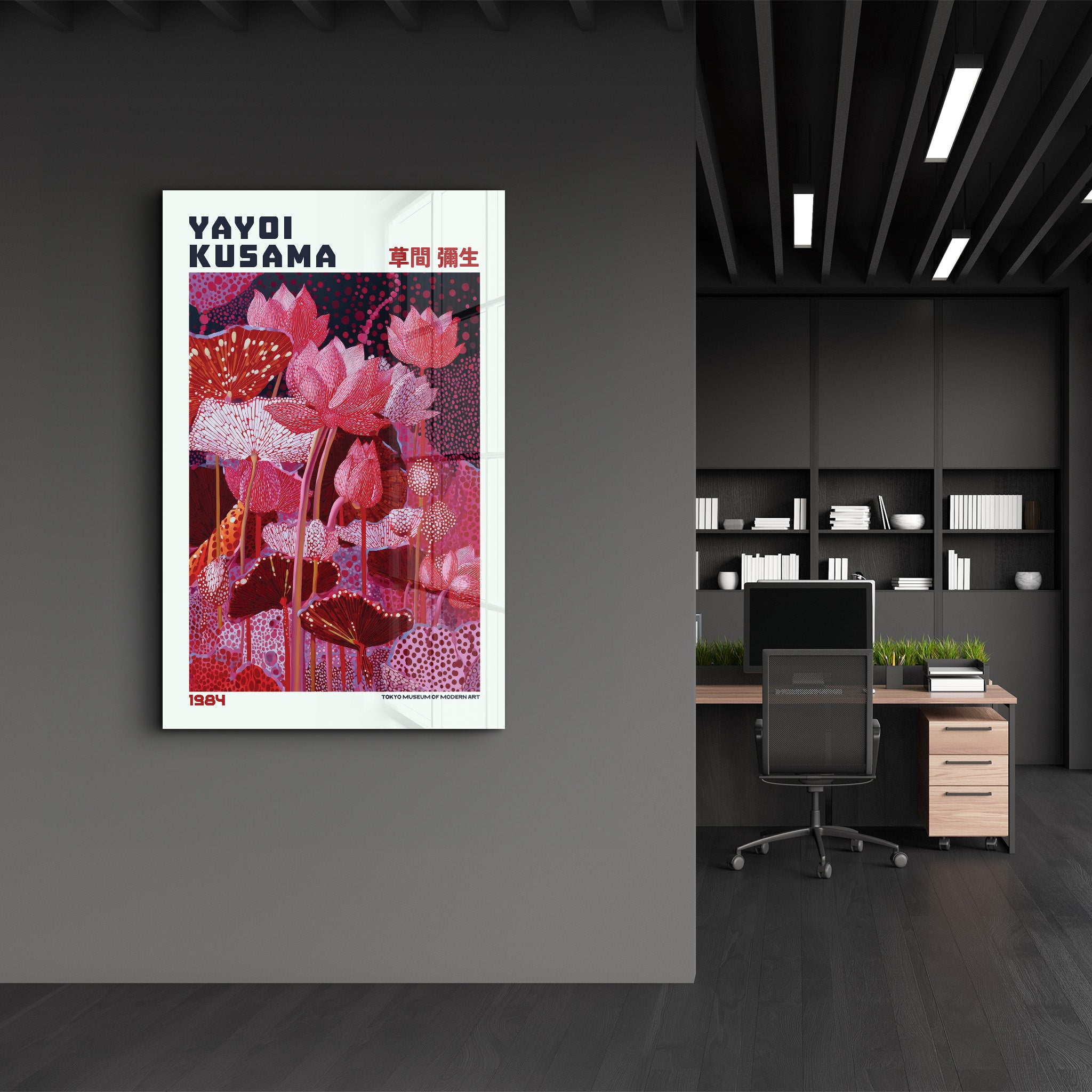 Yayoi Kusama Crimson Garden glass wall art by Artdesigna featuring vibrant red and intricate botanical designs on clear glass.
