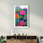 Glass wall art by Artdesigna featuring Yayoi Kusama's Lotus Dreams (1984) design in vibrant, colorful glass artwork.