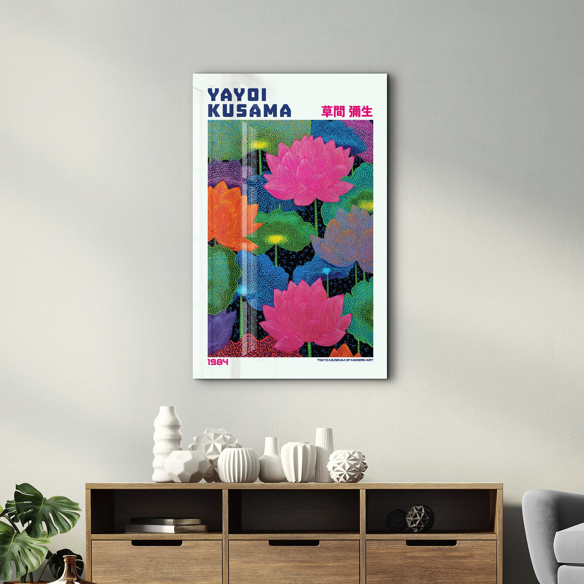 Glass wall art by Artdesigna featuring Yayoi Kusama's Lotus Dreams (1984) design in vibrant, colorful glass artwork.