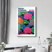 Yayoi Kusama Lotus Dreams glass wall art by Artdesigna featuring vibrant, intricate lotus flower design on clear glass.