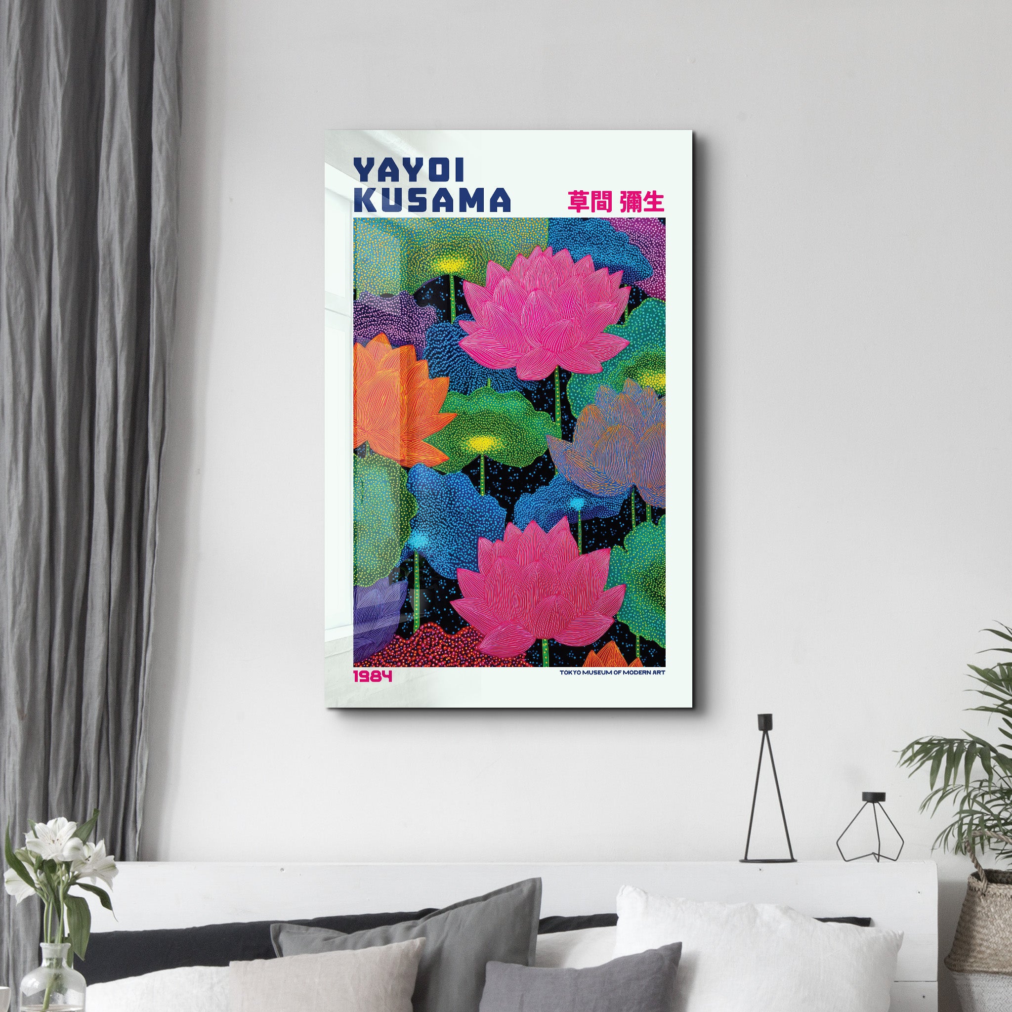 Yayoi Kusama Lotus Dreams glass wall art by Artdesigna featuring vibrant, intricate lotus flower design on clear glass.