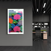 Elegant glass wall art featuring Yayoi Kusama Lotus Dreams design, showcasing vibrant colors and intricate floral patterns.