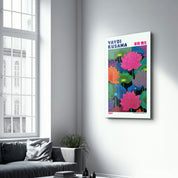 Glass wall art by Artdesigna featuring Yayoi Kusama's Lotus Dreams (1984) with vibrant, intricate glass design on a white background.